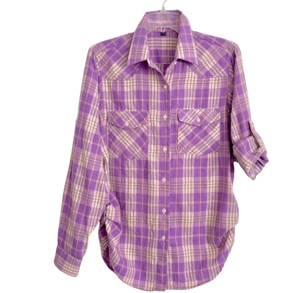 Alimens & Gentle Size L Plaid Flannel Long Sleeve Roll Up Button Down Shirt